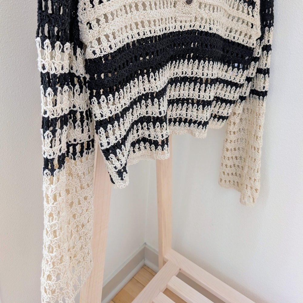 Zara Crochet Open Knit Striped Collared Henley Top In Black/Ivory - Picture 7 of 11
